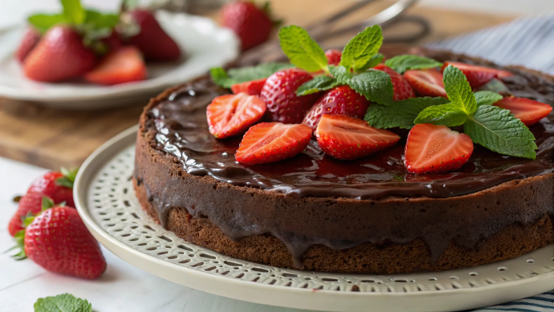 Perfect gluten-free chocolate cake with ganache and strawberries.