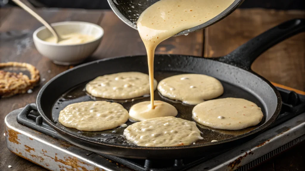 Cottage cheese pancake batter on a skillet.