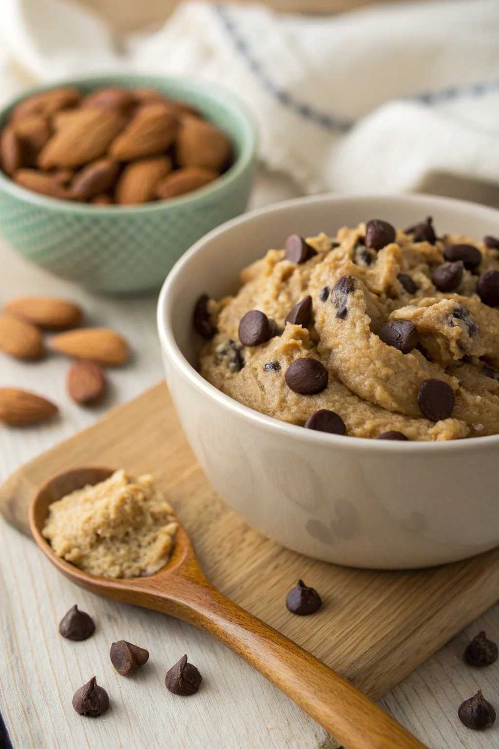 Protein cookie dough in a bowl with chocolate chips and almonds.