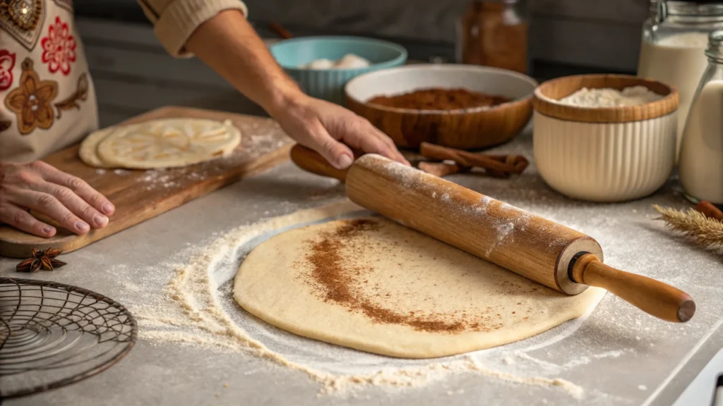 Rolling cinnamon roll dough for the apple pie crust.