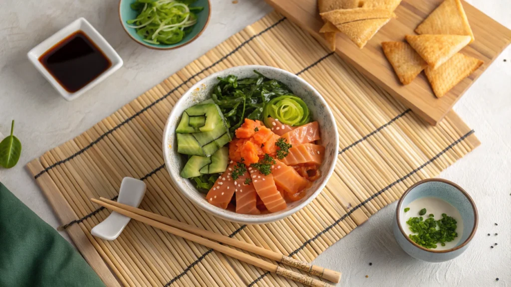 Salmon poke bowl with side dishes on a bamboo mat.