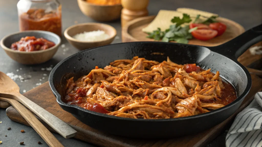 Shredded barbecue chicken in a skillet for sliders.