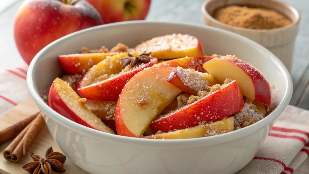 Apple filling mixed with spices and sugar for Cinnamon Roll Apple Pie.