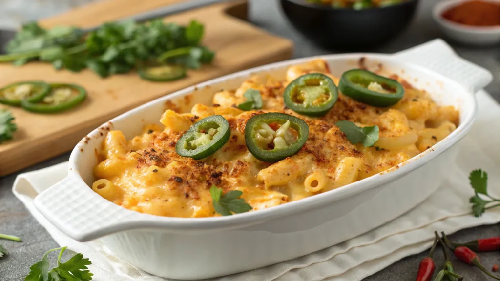 Spicy smoked mac and cheese with jalapeños.