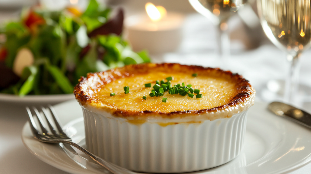 A white ramekin of crab brulee recipe topped with a golden caramelized sugar crust, garnished with chopped chives, served on a formal dining table with salad and wine.