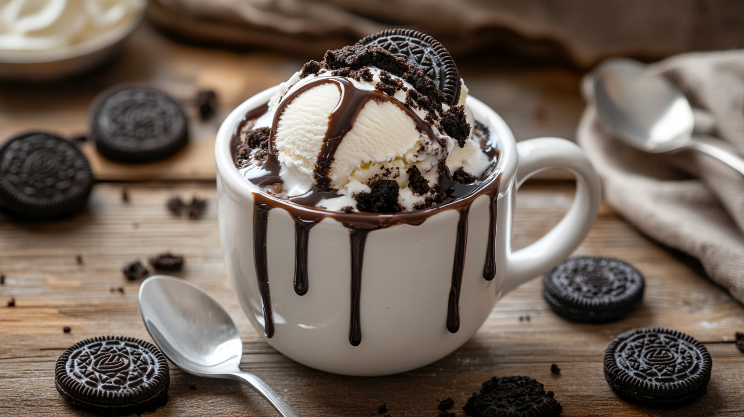 A freshly baked Oreo mug cake served in a white ceramic mug, topped with vanilla ice cream, drizzled with chocolate syrup, and garnished with crushed Oreo crumbs. The mug is placed on a rustic wooden table surrounded by Oreo cookies and a small spoon.
