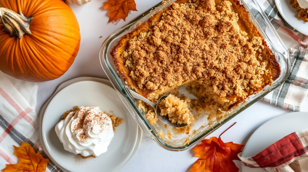 Pumpkin dump cake in a glass baking dish with a golden, crumbly topping. A serving spoon rests inside, with a portion of the cake scooped onto a white plate garnished with whipped cream and a sprinkle of cinnamon. The setup includes small pumpkins, autumn leaves, and a warm-toned plaid napkin for a cozy fall vibe.