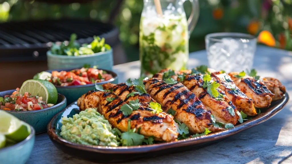 A beautifully arranged outdoor dining table with a platter of grilled chicken marinated in a smoky Mexican marinade, surrounded by Mexican rice, salsa, guacamole, and lime agua fresca, set in a sunny garden setting.
