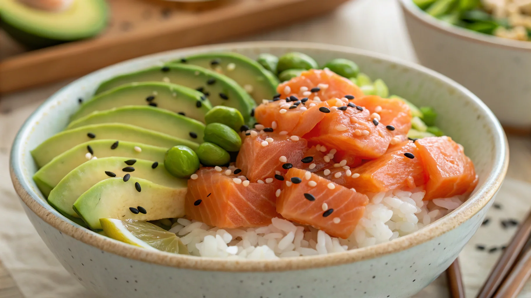 Close-up of a vibrant salmon poke bowl recipe with fresh ingredients.