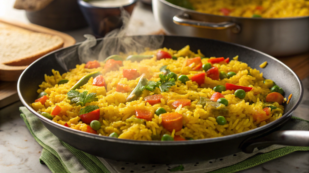 Caribbean-style chicken and yellow rice with lime garnish