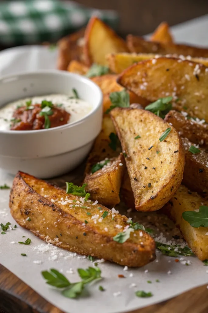 Garlic Parmesan potato wedges made from leftover baked potatoes