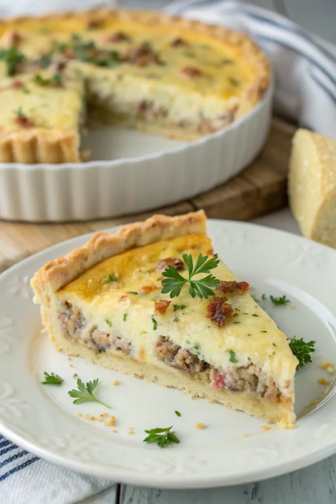 Slice of sausage quiche with creamy custard and sausage filling