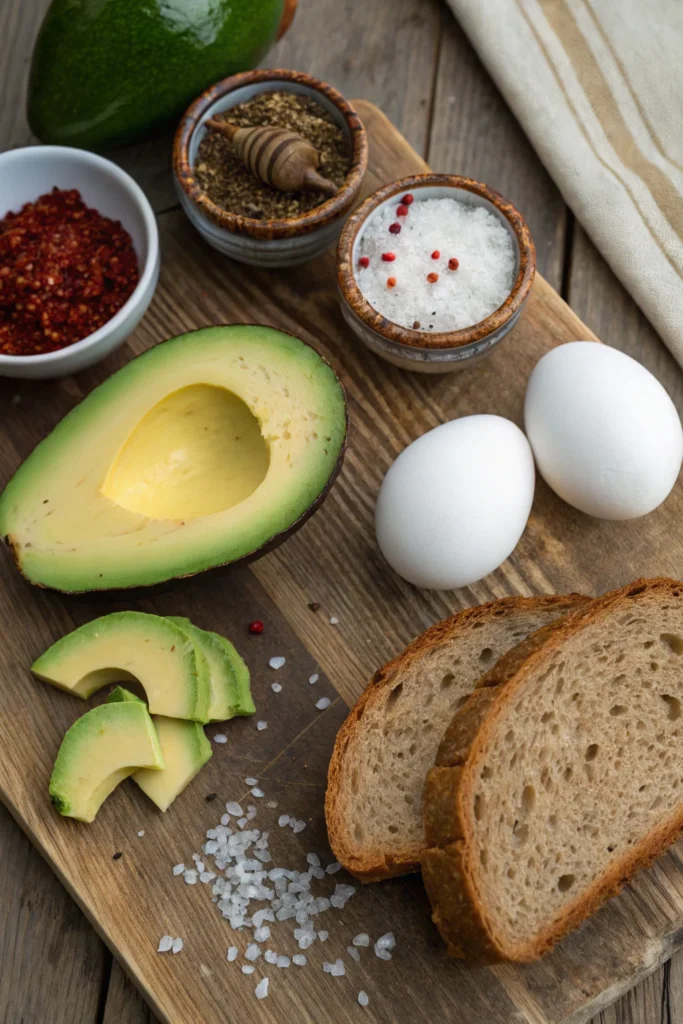 Ingredients for simple avocado toast with egg.