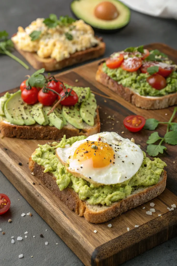 Different variations of simple avocado toast with egg.