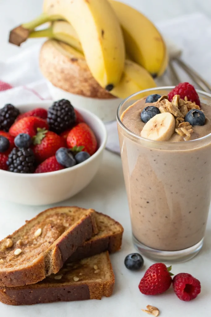 Banana peanut butter and chocolate smoothie served as breakfast.