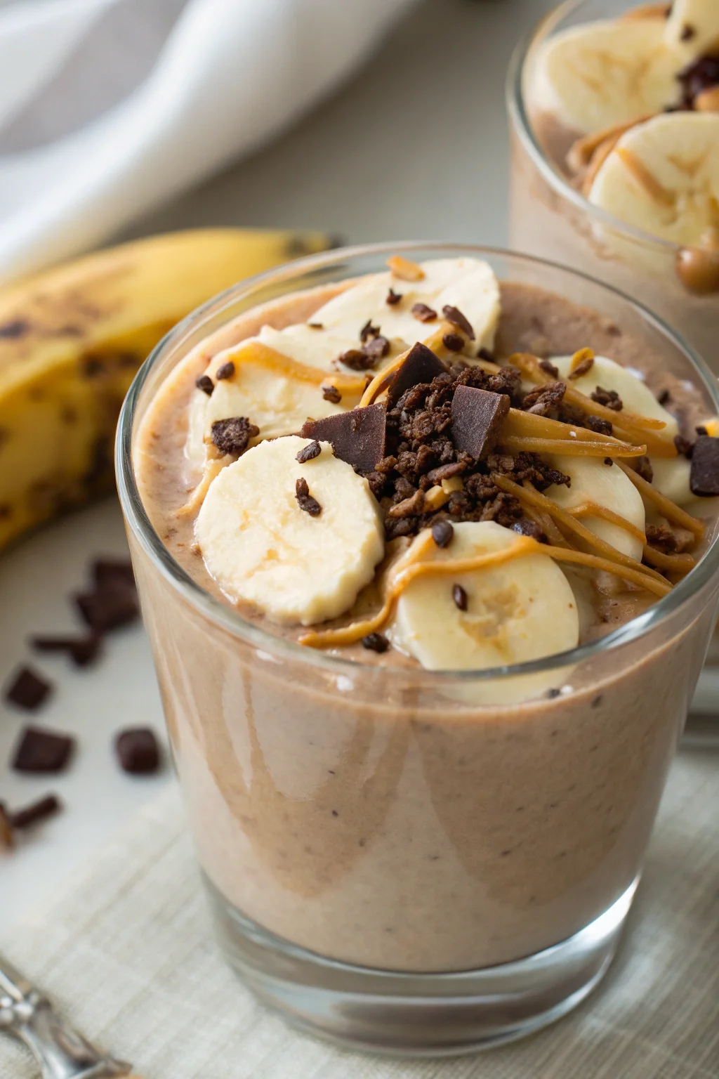 Banana Peanut Butter and Chocolate Smoothie in a glass topped with banana slices and chocolate shavings.