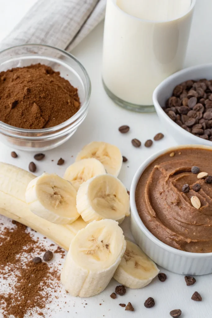 Ingredients for banana peanut butter and chocolate smoothie.