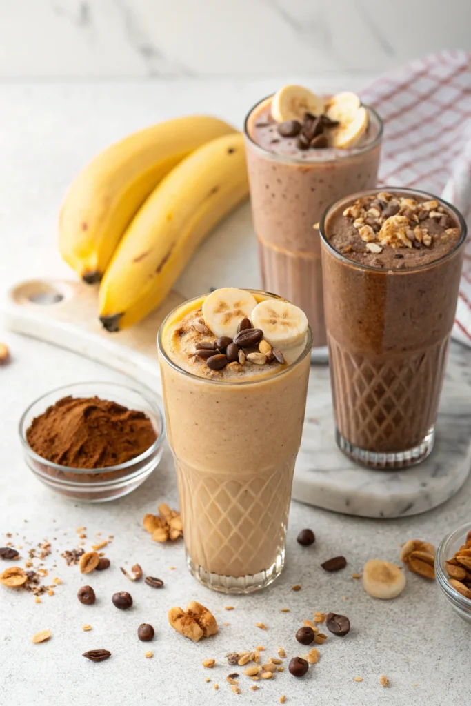 Three versions of banana peanut butter and chocolate smoothies.