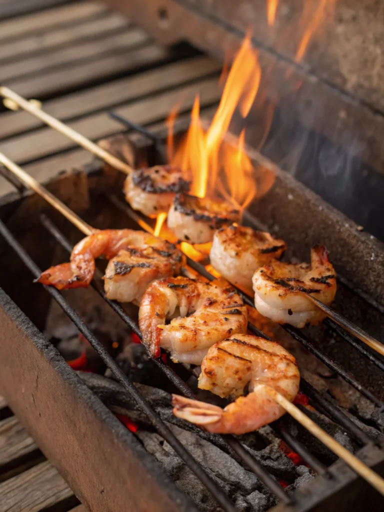 Grilled BBQ shrimp on flame - BBQ shrimp recipe.