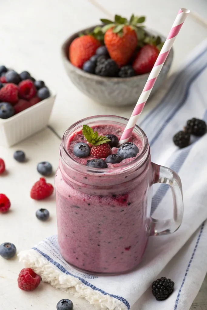 Berry protein milkshake recipe with fresh berries.