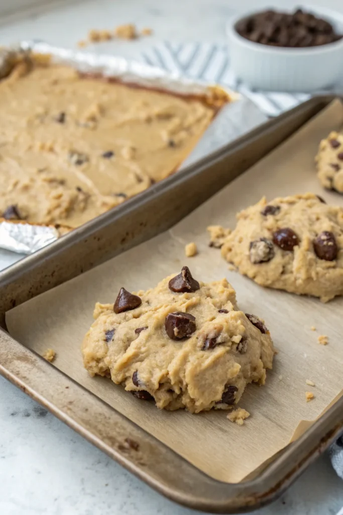 Brookie cookie dough on a baking sheet ready for the oven.