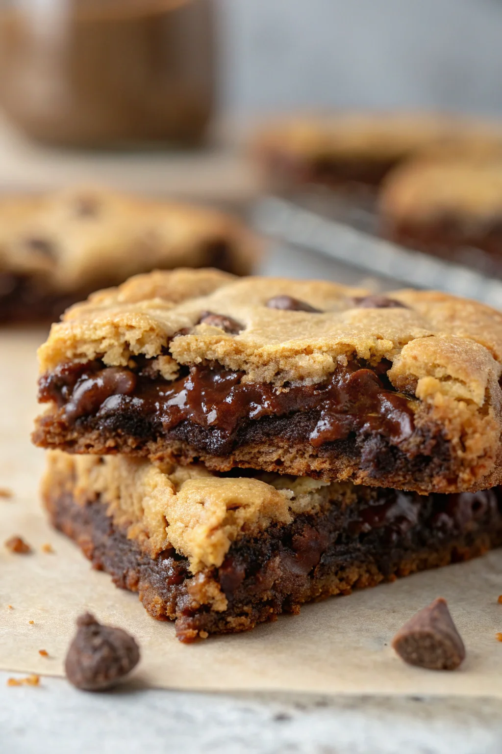 "Close-up of a delicious brookie cookie with gooey brownie and chewy cookie layers.