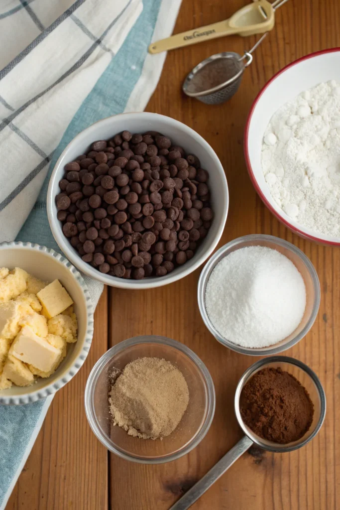 Ingredients for homemade brookie cookies, including chocolate chips and cocoa powder.