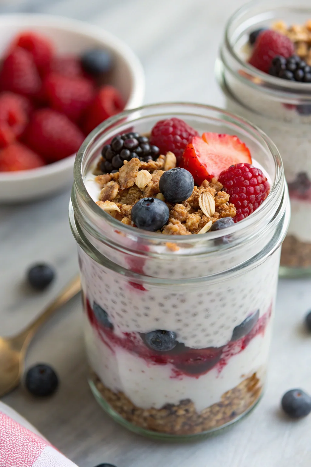 Chia seed pudding with yogurt topped with berries and granola.