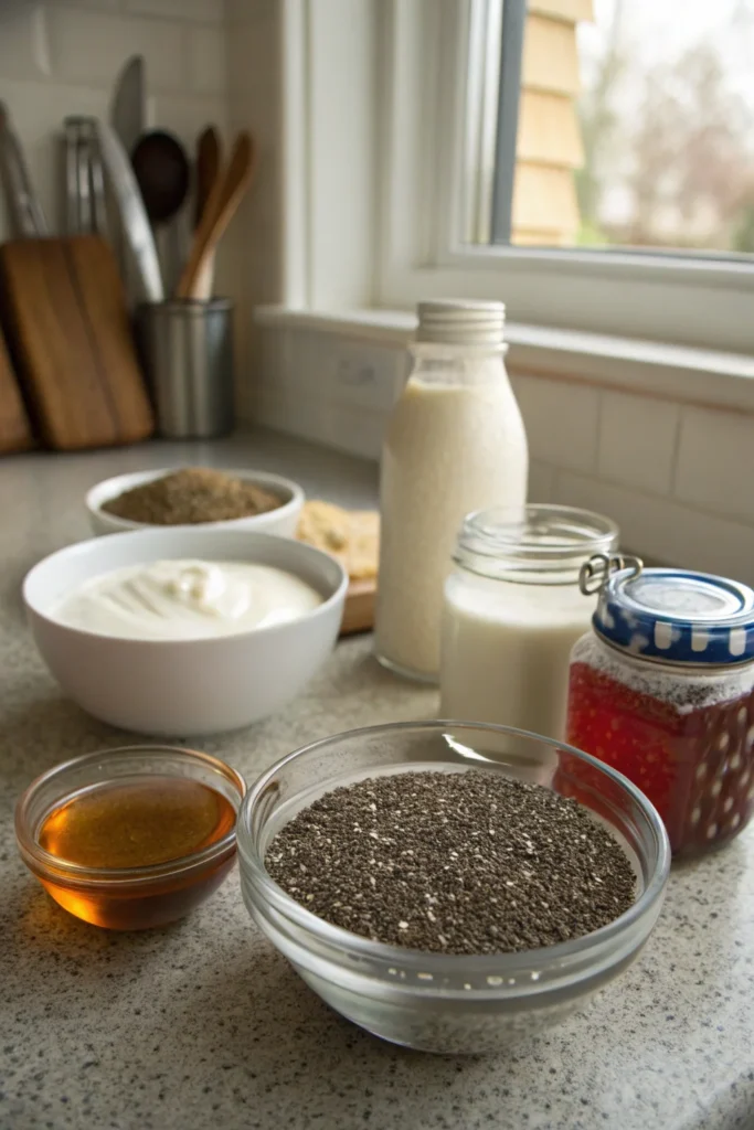 Ingredients for chia seed pudding with yogurt.