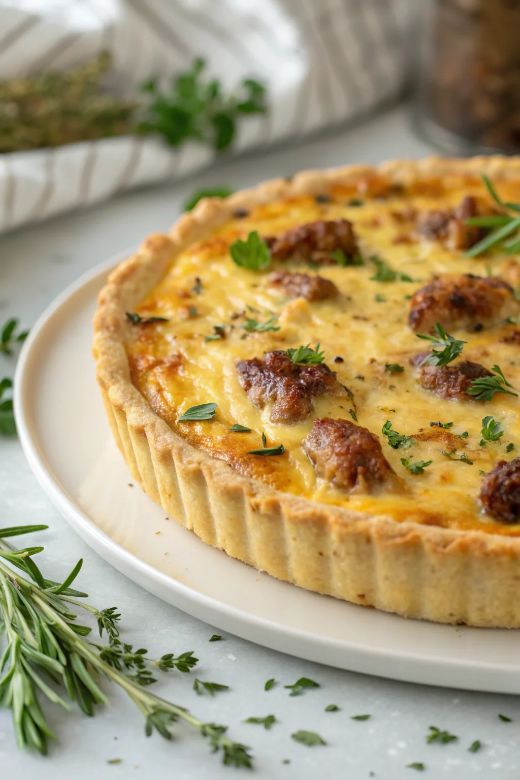 Sausage quiche recipe with golden crust and melted cheese