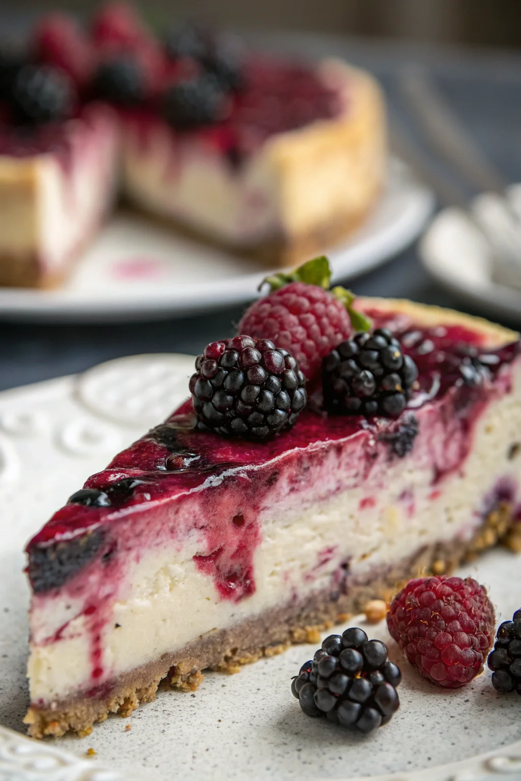 Slice of creamy blackberry cheesecake with a vibrant blackberry swirl