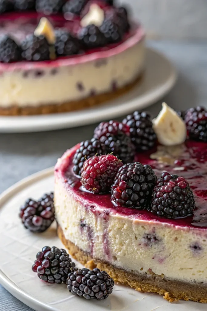 Full blackberry cheesecake with a decorative swirl