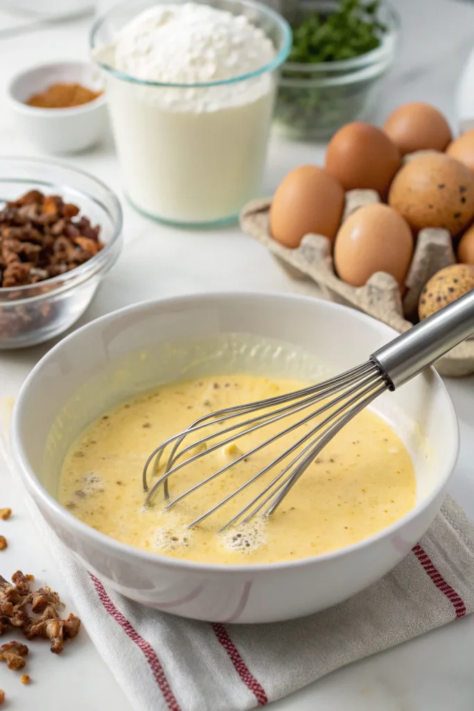 Whisking eggs and cream for sausage quiche recipe