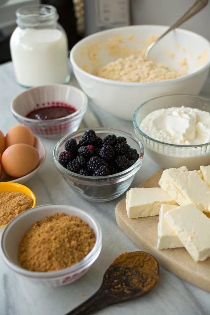 Ingredients for blackberry cheesecake on a kitchen counter