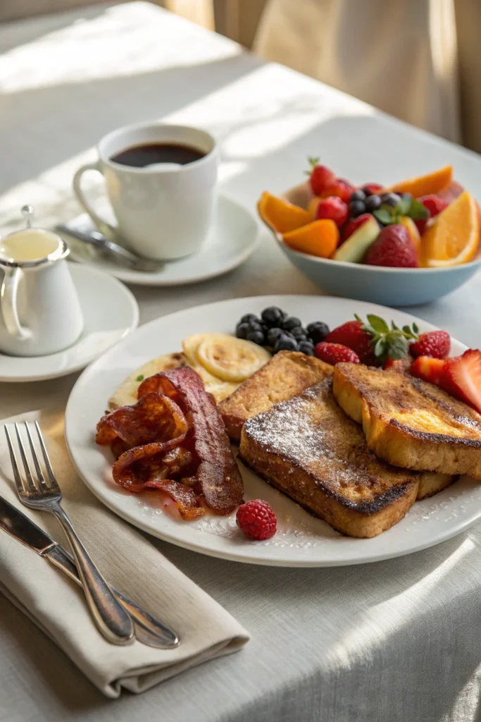 Sourdough French toast with coffee and fruit salad