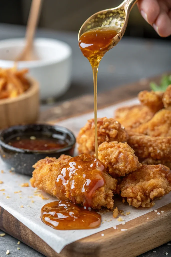 Drizzling Hot Honey Sauce on Chicken