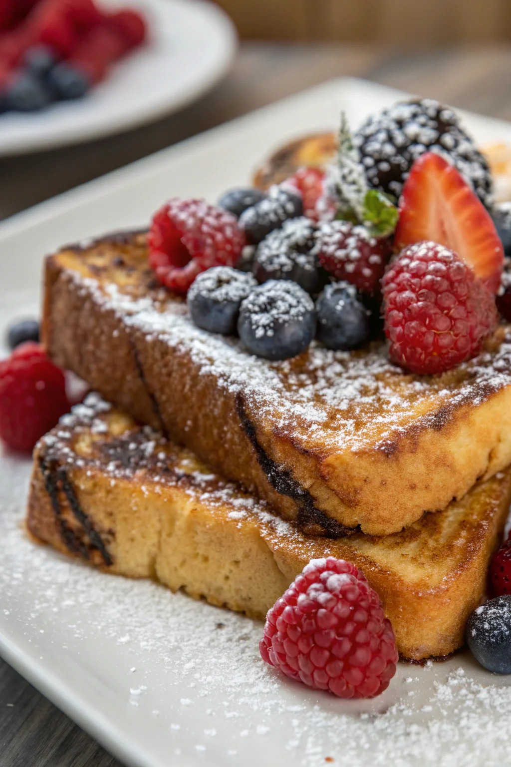 Golden sourdough French toast with berries and powdered sugar