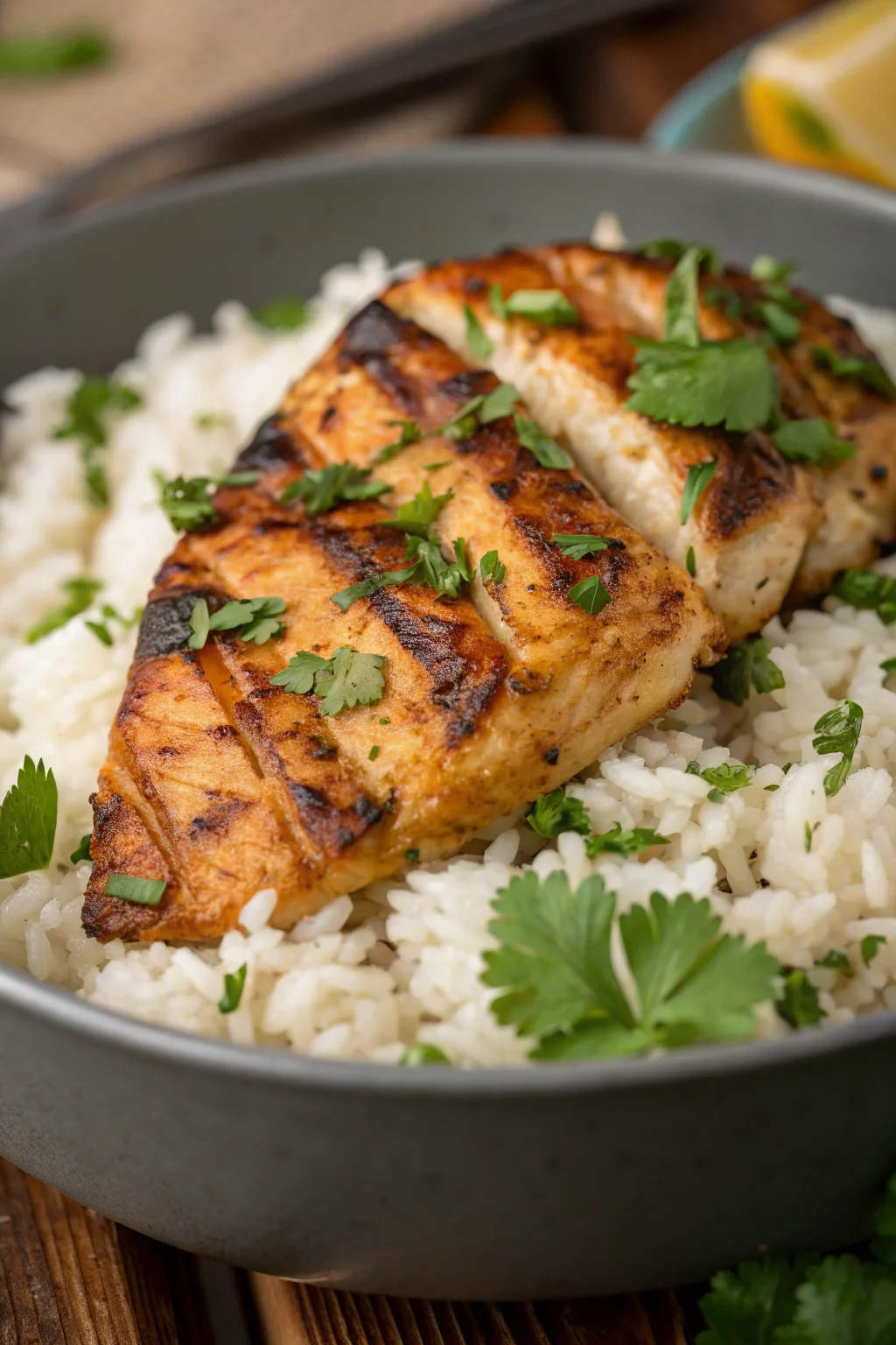 Grilled chicken and rice with herbs – healthy and delicious meal.