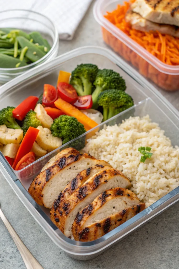 Grilled chicken and rice meal prep – high-protein balanced meal.