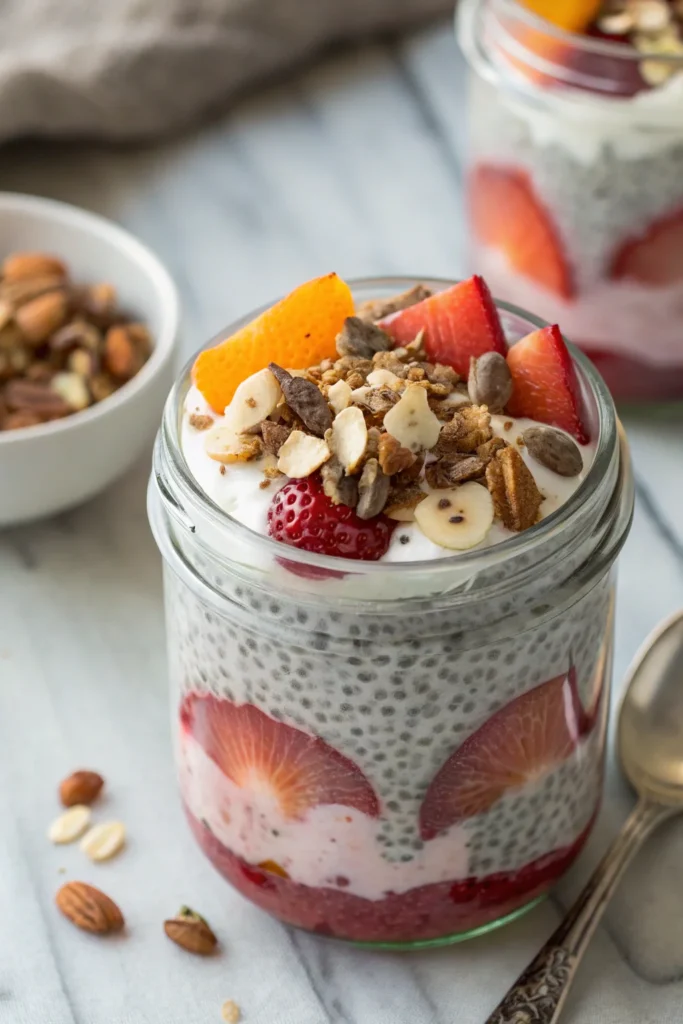 Layered chia seed pudding with yogurt and fruit toppings.