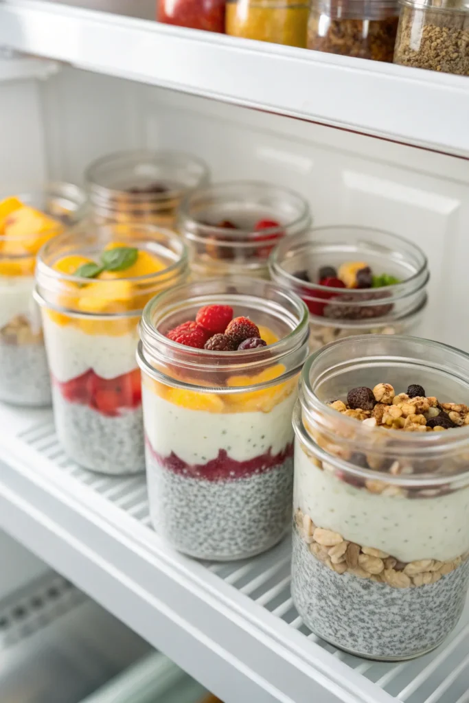 Meal prep jars of chia seed pudding with yogurt.