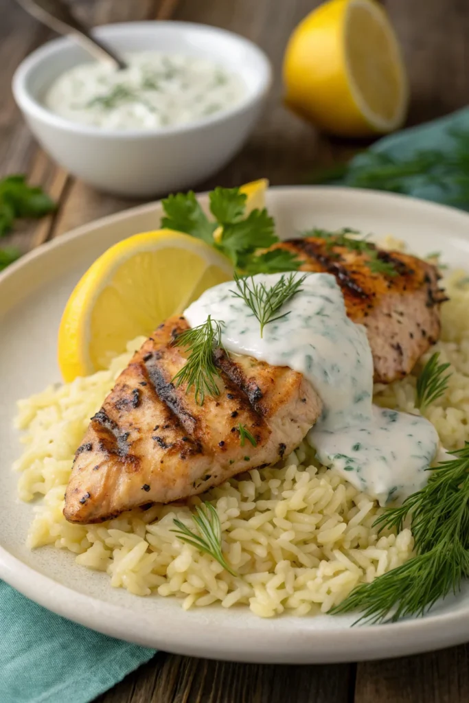 Mediterranean grilled chicken with lemon rice and tzatziki.