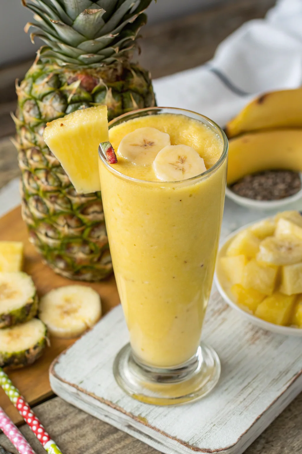 Pineapple Banana Smoothie with Fresh Fruit Garnish