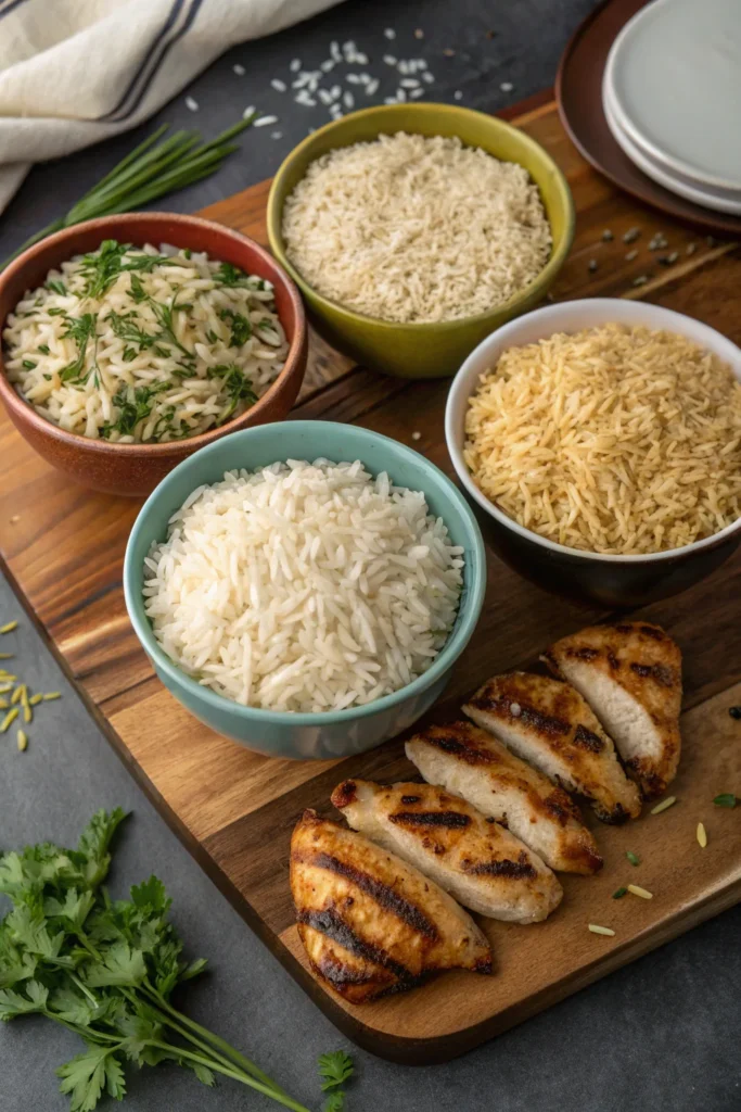 Different types of rice for grilled chicken – basmati, jasmine, brown.