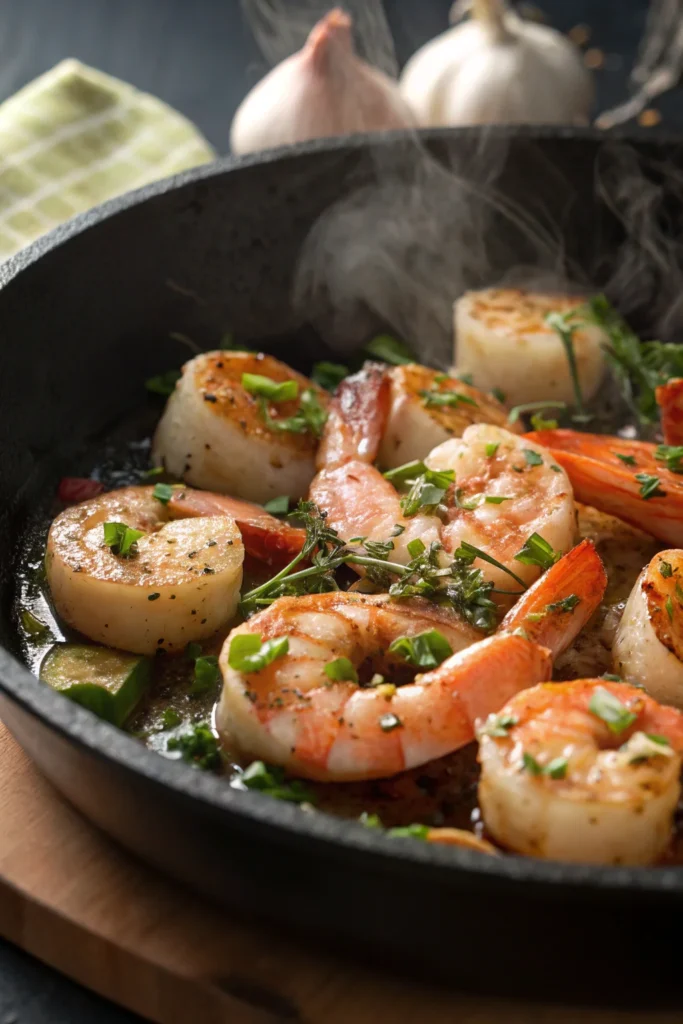 Searing Shrimp and Scallops with Garlic and Herbs