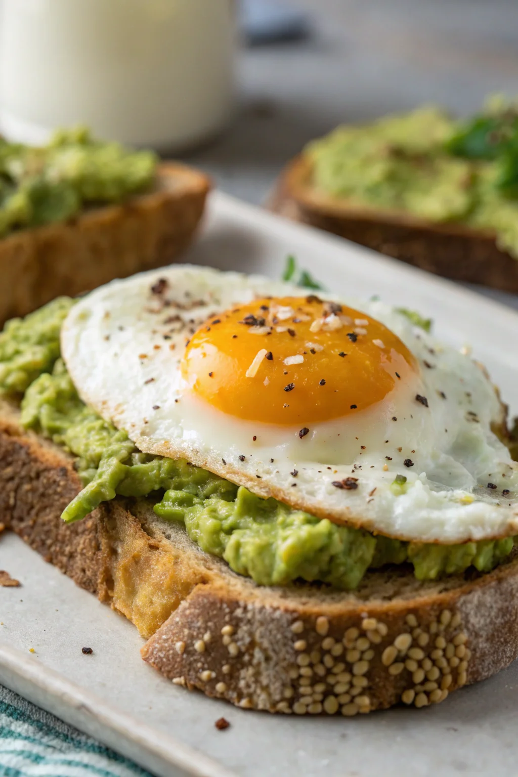 Simple avocado toast with egg on sourdough bread.