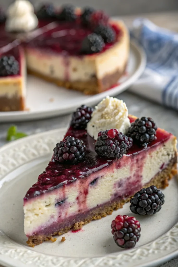 Sliced blackberry cheesecake with fresh berries and whipped cream