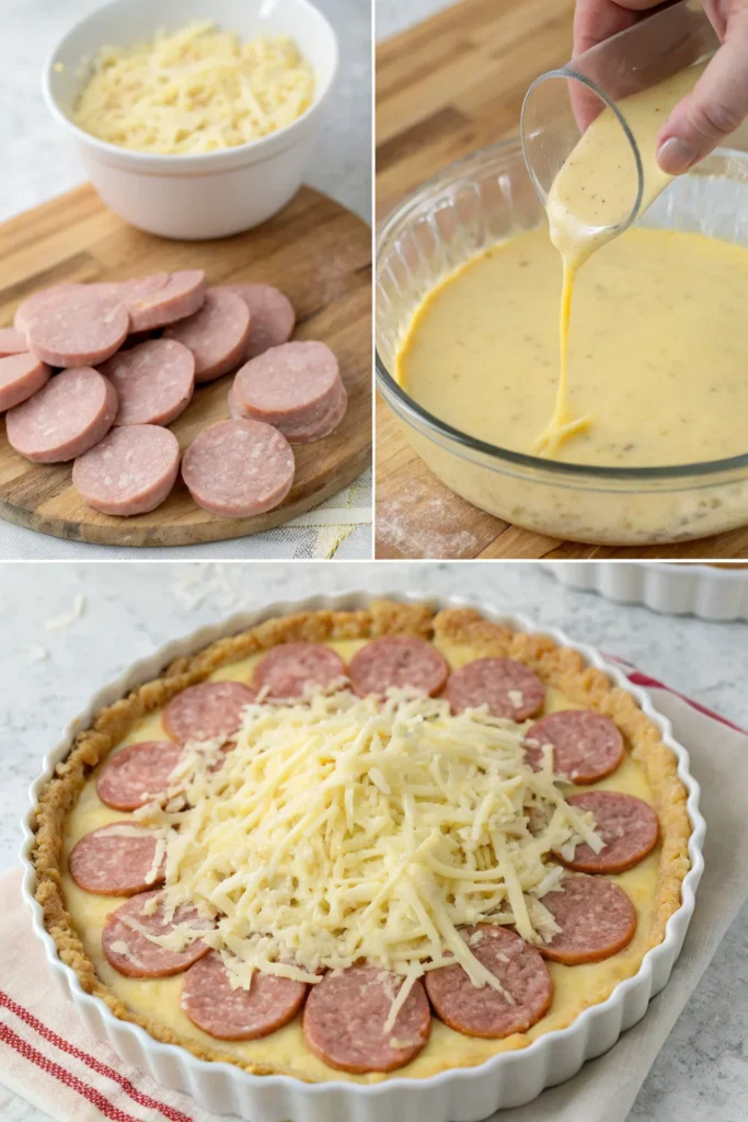 Layering sausage, cheese, and custard for sausage quiche