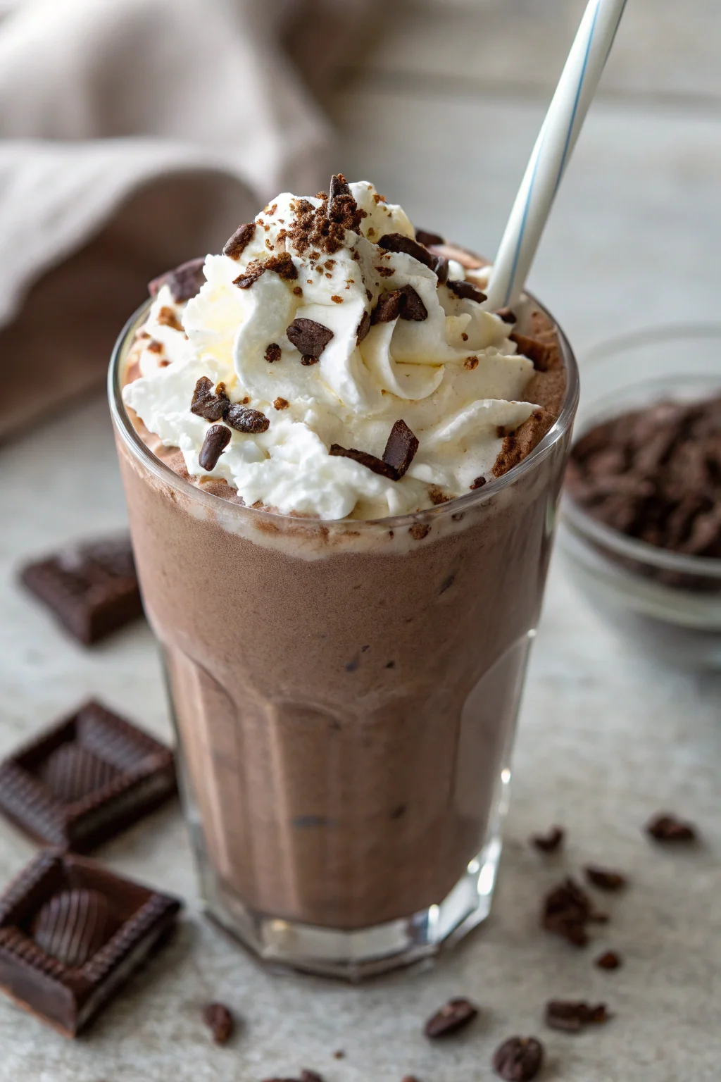 Chocolate protein milkshake recipe with whipped cream and chocolate shavings.