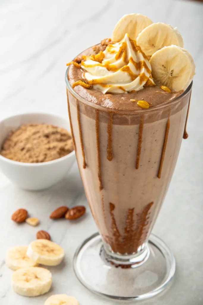 High-calorie protein milkshake with peanut butter and banana.